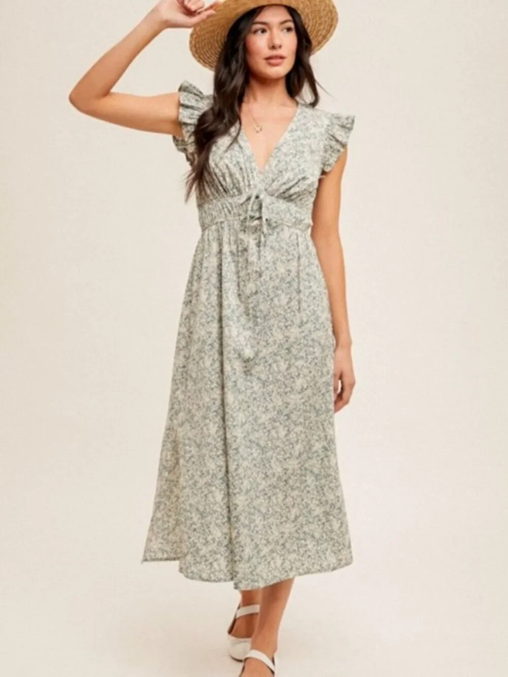 HEM & THREAD Floral Smocked Flutter Sleeve Midi Dress Blue Size S NWT - Picture 6 of 6